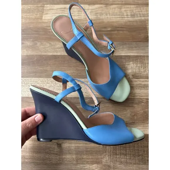 Women's J.Crew Bianca Colorblock Leather Ankle-Strap Wedges size 8 Retro Boho - Picture 3 of 7